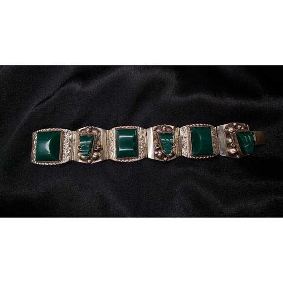 Vintage Taxco Signed Sterling Silver Bracelet With Green Onyx Stones 925 - Picture 2 of 5
